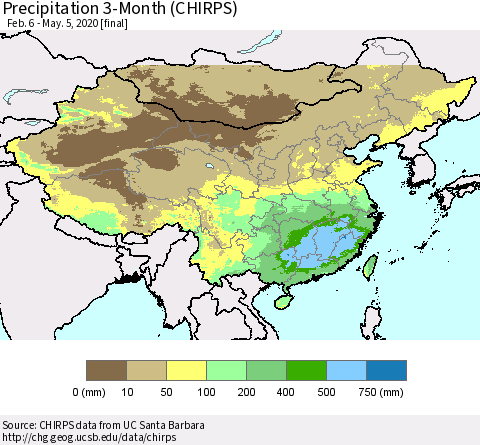 China, Mongolia and Taiwan Precipitation 3-Month (CHIRPS) Thematic Map For 2/6/2020 - 5/5/2020