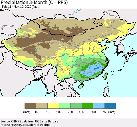 China, Mongolia and Taiwan Precipitation 3-Month (CHIRPS) Thematic Map For 2/11/2020 - 5/10/2020