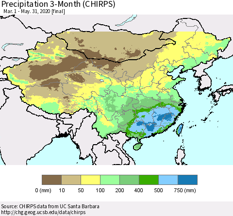 China, Mongolia and Taiwan Precipitation 3-Month (CHIRPS) Thematic Map For 3/1/2020 - 5/31/2020