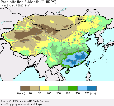China, Mongolia and Taiwan Precipitation 3-Month (CHIRPS) Thematic Map For 3/6/2020 - 6/5/2020