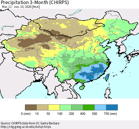 China, Mongolia and Taiwan Precipitation 3-Month (CHIRPS) Thematic Map For 3/11/2020 - 6/10/2020