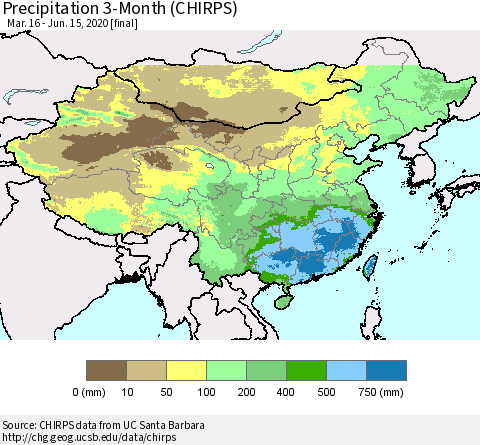 China, Mongolia and Taiwan Precipitation 3-Month (CHIRPS) Thematic Map For 3/16/2020 - 6/15/2020
