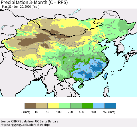 China, Mongolia and Taiwan Precipitation 3-Month (CHIRPS) Thematic Map For 3/21/2020 - 6/20/2020