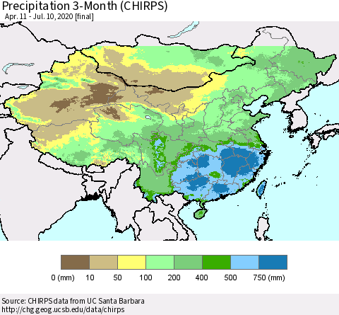 China, Mongolia and Taiwan Precipitation 3-Month (CHIRPS) Thematic Map For 4/11/2020 - 7/10/2020