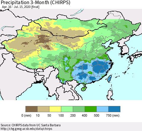 China, Mongolia and Taiwan Precipitation 3-Month (CHIRPS) Thematic Map For 4/16/2020 - 7/15/2020