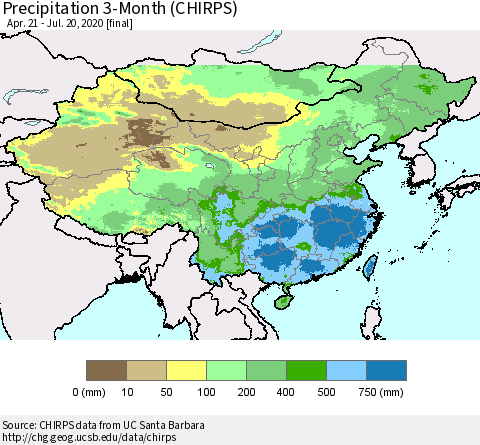 China, Mongolia and Taiwan Precipitation 3-Month (CHIRPS) Thematic Map For 4/21/2020 - 7/20/2020