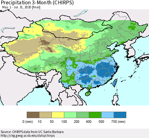 China, Mongolia and Taiwan Precipitation 3-Month (CHIRPS) Thematic Map For 5/1/2020 - 7/31/2020