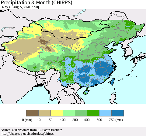 China, Mongolia and Taiwan Precipitation 3-Month (CHIRPS) Thematic Map For 5/6/2020 - 8/5/2020