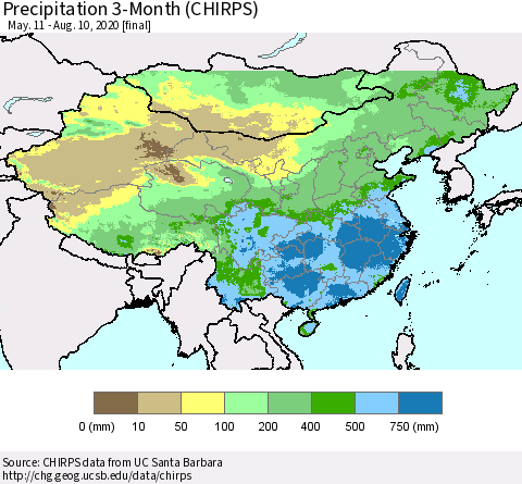 China, Mongolia and Taiwan Precipitation 3-Month (CHIRPS) Thematic Map For 5/11/2020 - 8/10/2020