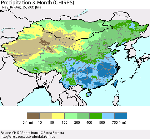 China, Mongolia and Taiwan Precipitation 3-Month (CHIRPS) Thematic Map For 5/16/2020 - 8/15/2020