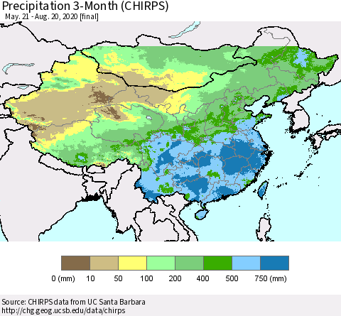 China, Mongolia and Taiwan Precipitation 3-Month (CHIRPS) Thematic Map For 5/21/2020 - 8/20/2020