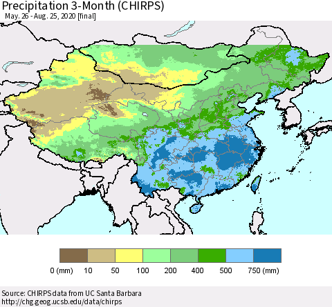 China, Mongolia and Taiwan Precipitation 3-Month (CHIRPS) Thematic Map For 5/26/2020 - 8/25/2020