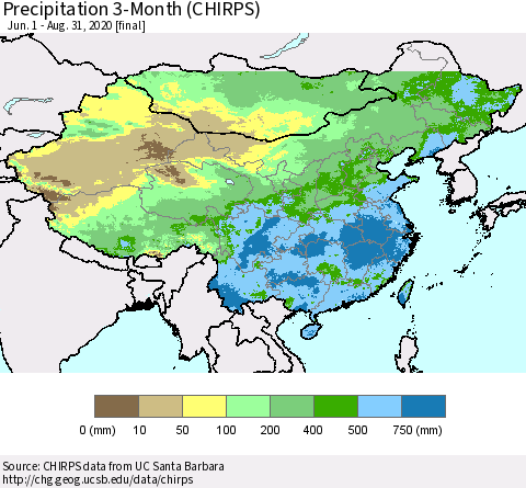 China, Mongolia and Taiwan Precipitation 3-Month (CHIRPS) Thematic Map For 6/1/2020 - 8/31/2020