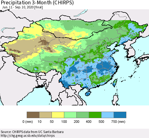 China, Mongolia and Taiwan Precipitation 3-Month (CHIRPS) Thematic Map For 6/11/2020 - 9/10/2020