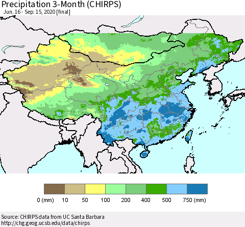 China, Mongolia and Taiwan Precipitation 3-Month (CHIRPS) Thematic Map For 6/16/2020 - 9/15/2020