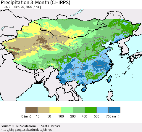 China, Mongolia and Taiwan Precipitation 3-Month (CHIRPS) Thematic Map For 6/21/2020 - 9/20/2020