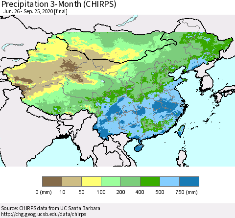 China, Mongolia and Taiwan Precipitation 3-Month (CHIRPS) Thematic Map For 6/26/2020 - 9/25/2020