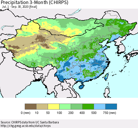 China, Mongolia and Taiwan Precipitation 3-Month (CHIRPS) Thematic Map For 7/1/2020 - 9/30/2020