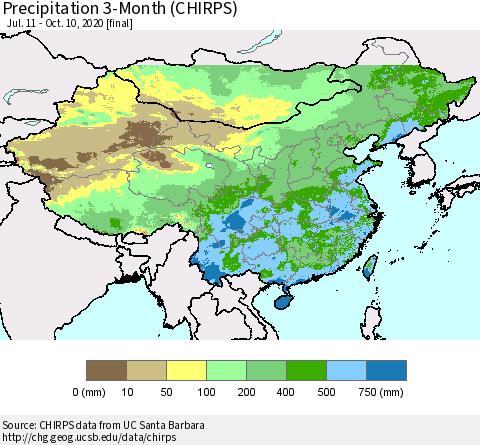 China, Mongolia and Taiwan Precipitation 3-Month (CHIRPS) Thematic Map For 7/11/2020 - 10/10/2020