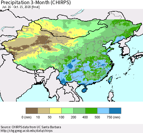 China, Mongolia and Taiwan Precipitation 3-Month (CHIRPS) Thematic Map For 7/16/2020 - 10/15/2020