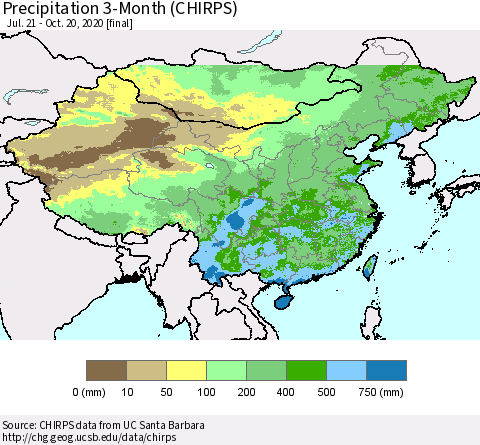 China, Mongolia and Taiwan Precipitation 3-Month (CHIRPS) Thematic Map For 7/21/2020 - 10/20/2020