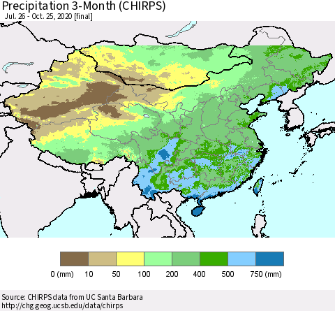 China, Mongolia and Taiwan Precipitation 3-Month (CHIRPS) Thematic Map For 7/26/2020 - 10/25/2020