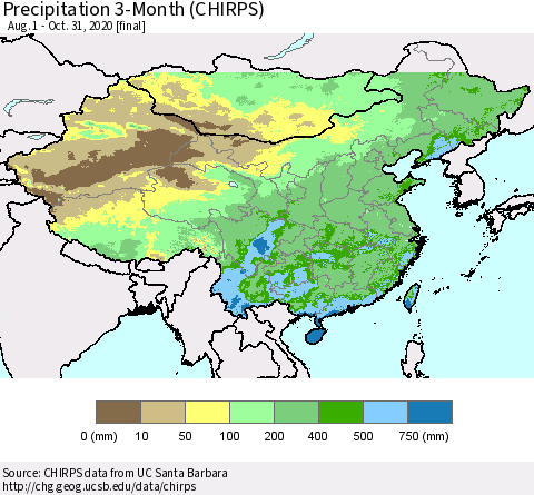 China, Mongolia and Taiwan Precipitation 3-Month (CHIRPS) Thematic Map For 8/1/2020 - 10/31/2020