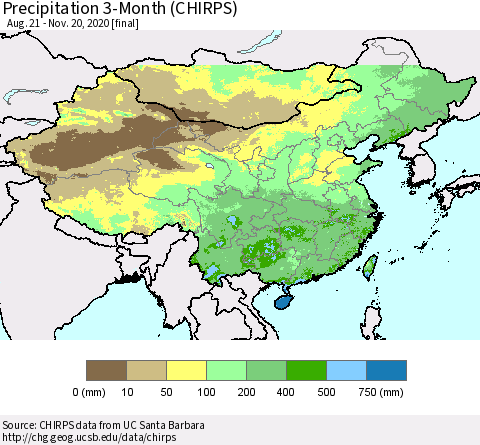 China, Mongolia and Taiwan Precipitation 3-Month (CHIRPS) Thematic Map For 8/21/2020 - 11/20/2020