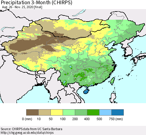 China, Mongolia and Taiwan Precipitation 3-Month (CHIRPS) Thematic Map For 8/26/2020 - 11/25/2020