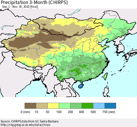 China, Mongolia and Taiwan Precipitation 3-Month (CHIRPS) Thematic Map For 9/1/2020 - 11/30/2020