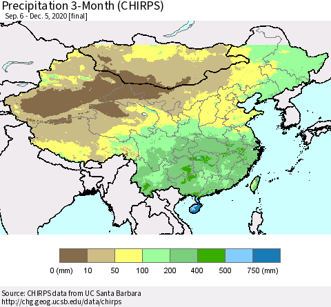 China, Mongolia and Taiwan Precipitation 3-Month (CHIRPS) Thematic Map For 9/6/2020 - 12/5/2020