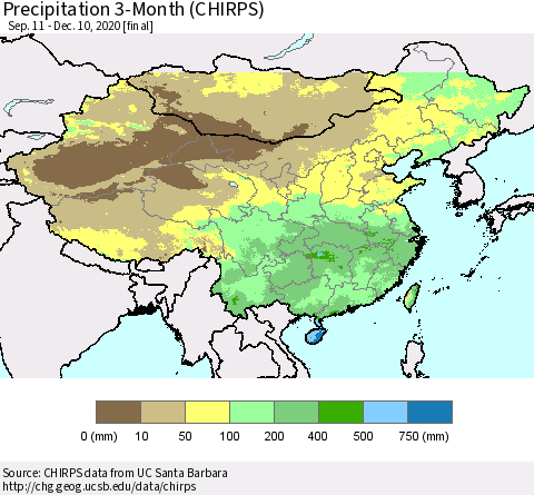 China, Mongolia and Taiwan Precipitation 3-Month (CHIRPS) Thematic Map For 9/11/2020 - 12/10/2020
