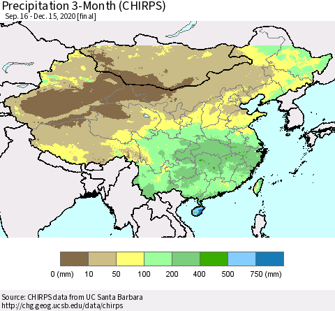 China, Mongolia and Taiwan Precipitation 3-Month (CHIRPS) Thematic Map For 9/16/2020 - 12/15/2020