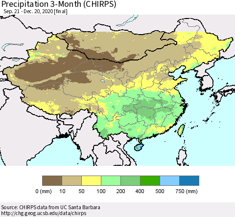 China, Mongolia and Taiwan Precipitation 3-Month (CHIRPS) Thematic Map For 9/21/2020 - 12/20/2020