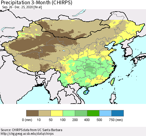 China, Mongolia and Taiwan Precipitation 3-Month (CHIRPS) Thematic Map For 9/26/2020 - 12/25/2020