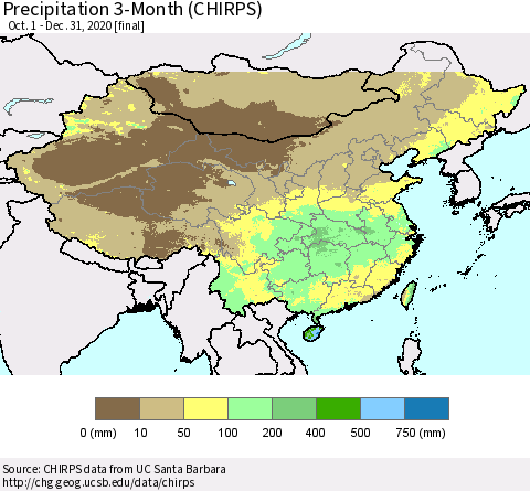 China, Mongolia and Taiwan Precipitation 3-Month (CHIRPS) Thematic Map For 10/1/2020 - 12/31/2020
