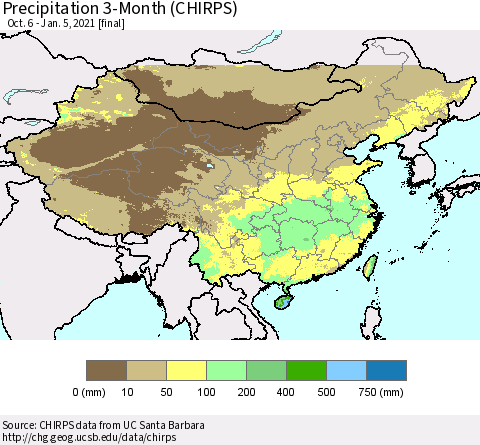 China, Mongolia and Taiwan Precipitation 3-Month (CHIRPS) Thematic Map For 10/6/2020 - 1/5/2021