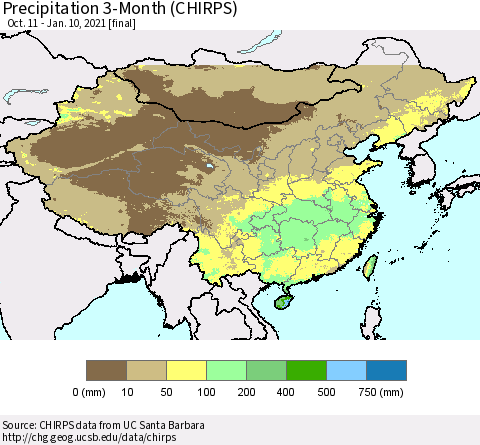 China, Mongolia and Taiwan Precipitation 3-Month (CHIRPS) Thematic Map For 10/11/2020 - 1/10/2021