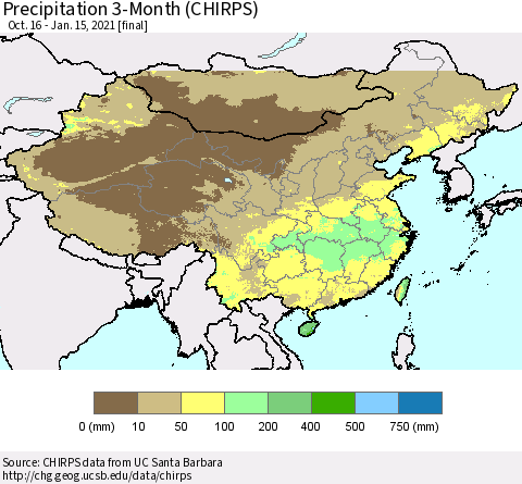 China, Mongolia and Taiwan Precipitation 3-Month (CHIRPS) Thematic Map For 10/16/2020 - 1/15/2021