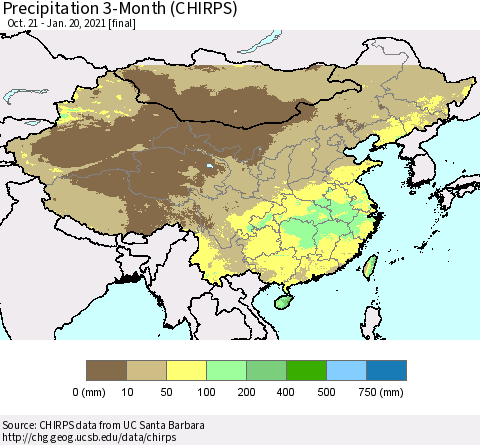 China, Mongolia and Taiwan Precipitation 3-Month (CHIRPS) Thematic Map For 10/21/2020 - 1/20/2021