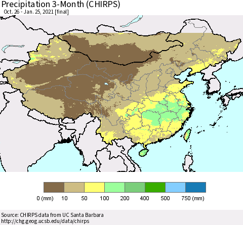 China, Mongolia and Taiwan Precipitation 3-Month (CHIRPS) Thematic Map For 10/26/2020 - 1/25/2021