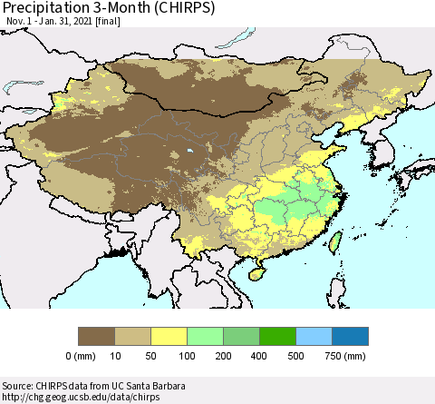 China, Mongolia and Taiwan Precipitation 3-Month (CHIRPS) Thematic Map For 11/1/2020 - 1/31/2021