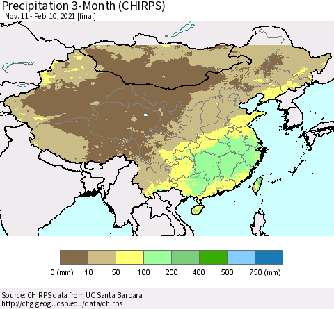 China, Mongolia and Taiwan Precipitation 3-Month (CHIRPS) Thematic Map For 11/11/2020 - 2/10/2021