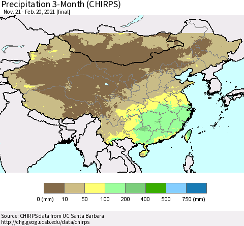 China, Mongolia and Taiwan Precipitation 3-Month (CHIRPS) Thematic Map For 11/21/2020 - 2/20/2021