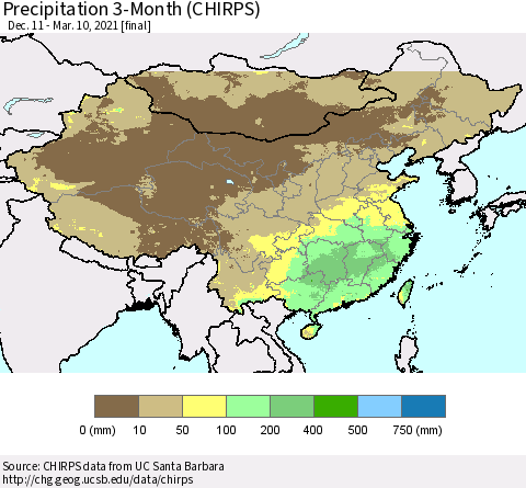 China, Mongolia and Taiwan Precipitation 3-Month (CHIRPS) Thematic Map For 12/11/2020 - 3/10/2021