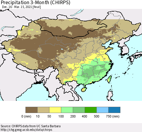 China, Mongolia and Taiwan Precipitation 3-Month (CHIRPS) Thematic Map For 12/16/2020 - 3/15/2021