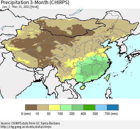 China, Mongolia and Taiwan Precipitation 3-Month (CHIRPS) Thematic Map For 1/1/2021 - 3/31/2021