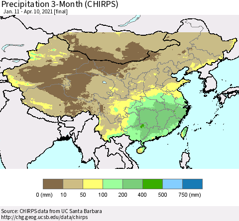 China, Mongolia and Taiwan Precipitation 3-Month (CHIRPS) Thematic Map For 1/11/2021 - 4/10/2021