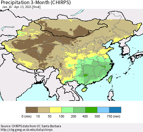 China, Mongolia and Taiwan Precipitation 3-Month (CHIRPS) Thematic Map For 1/16/2021 - 4/15/2021