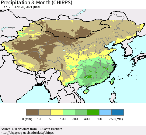 China, Mongolia and Taiwan Precipitation 3-Month (CHIRPS) Thematic Map For 1/21/2021 - 4/20/2021